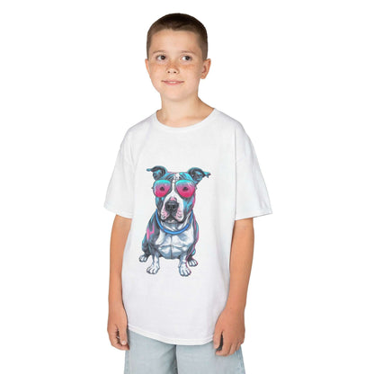 Kids T-shirt - featuring a retro synth wave Pit Bull design with pink sunglasses, ideal for dog and animal lovers.