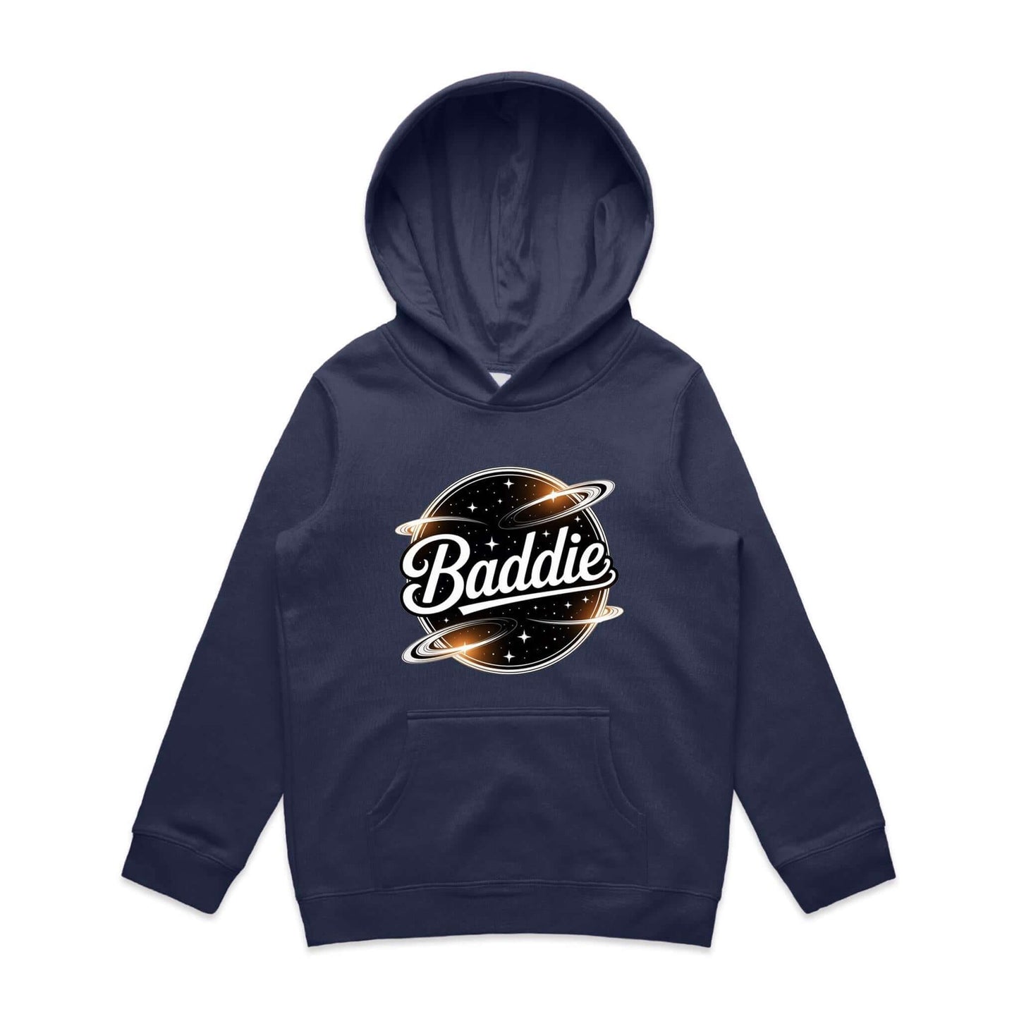 Kid's hooded jumper featuring retro 'Baddie' universe design with kangaroo pocket, perfect for trendy casual wear.