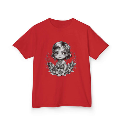 Red kids tee featuring a black and white chibi girl with jewelry and flowers, showcasing a cute and playful vibe.