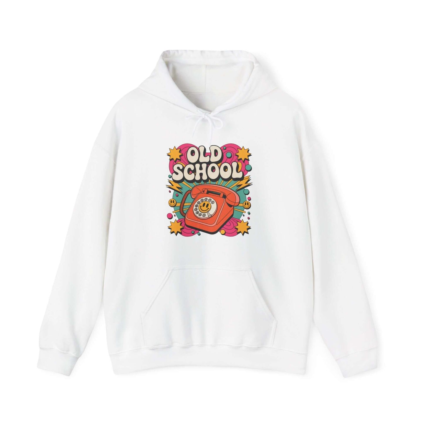 Hooded sweatshirt with Old School retro design featuring a dial-up telephone and colorful graphics.