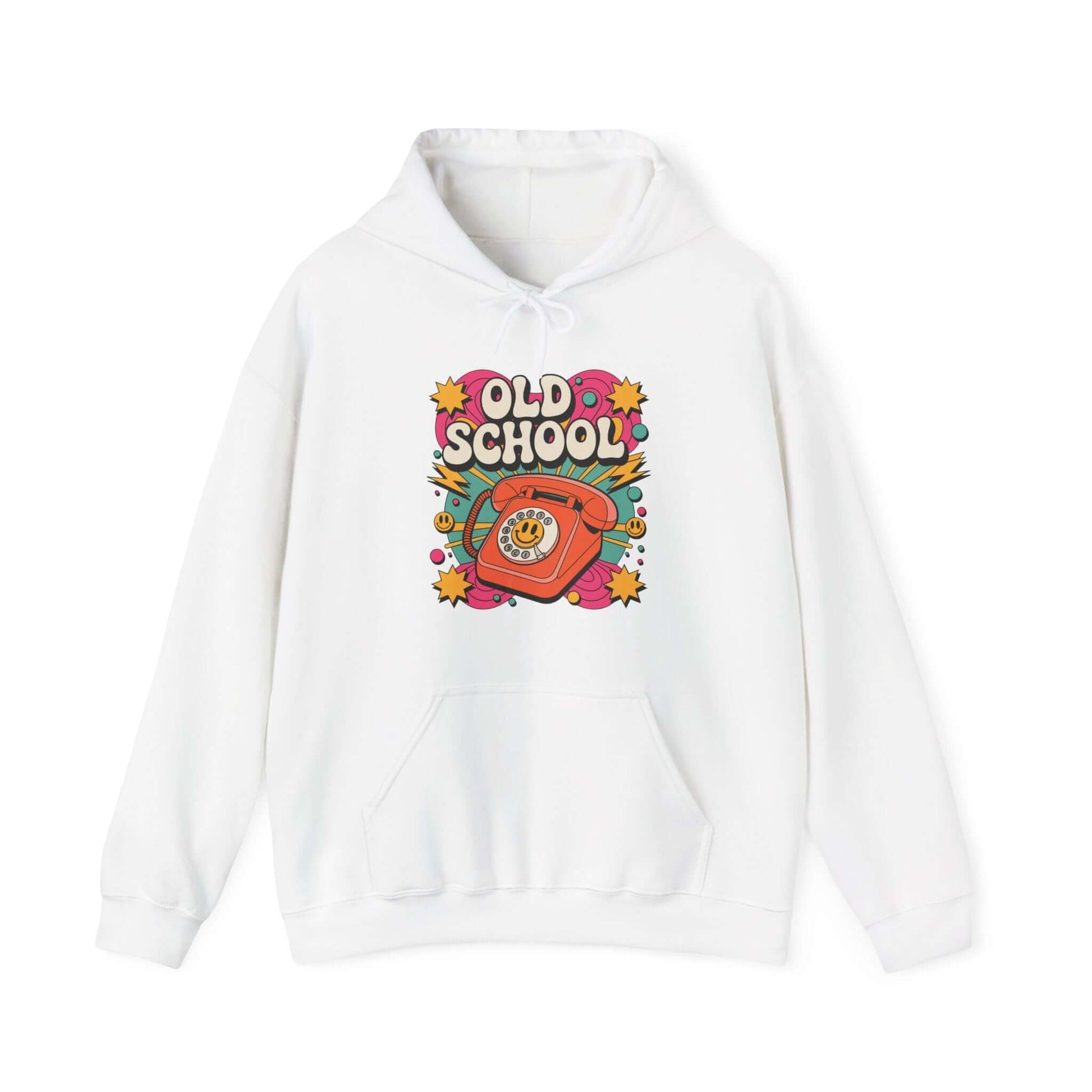 Hooded sweatshirt with Old School retro design featuring a dial-up telephone and colorful graphics.