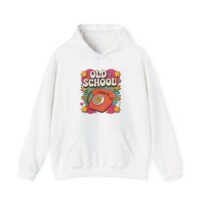 Hooded sweatshirt with Old School retro design featuring a dial-up telephone and colorful graphics.