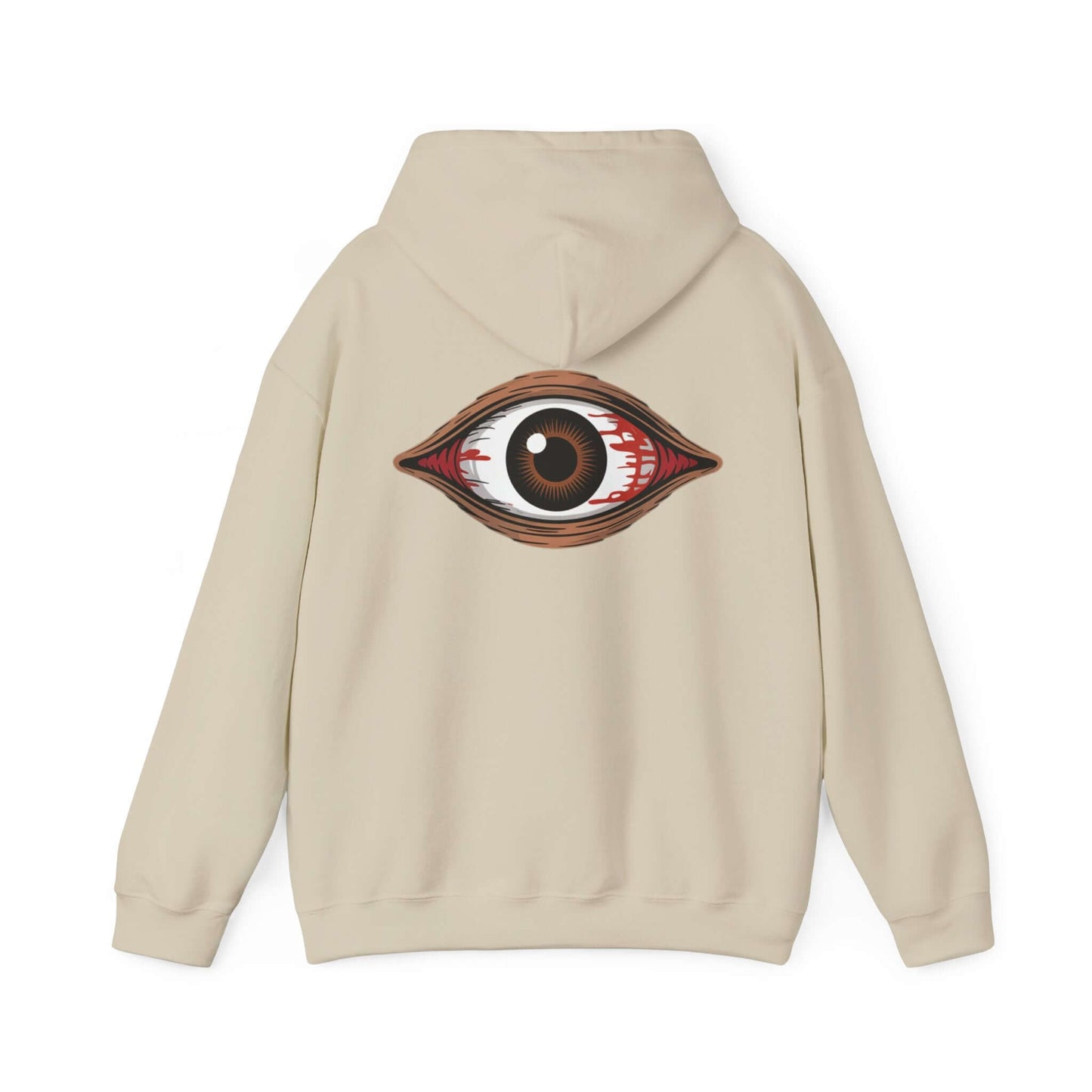Back view of a tan hoodie featuring a spooky bloody brown eye design, ideal for music festivals and Halloween.