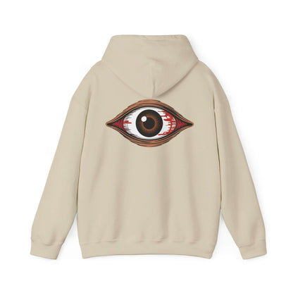 Back view of a tan hoodie featuring a spooky bloody brown eye design, ideal for music festivals and Halloween.