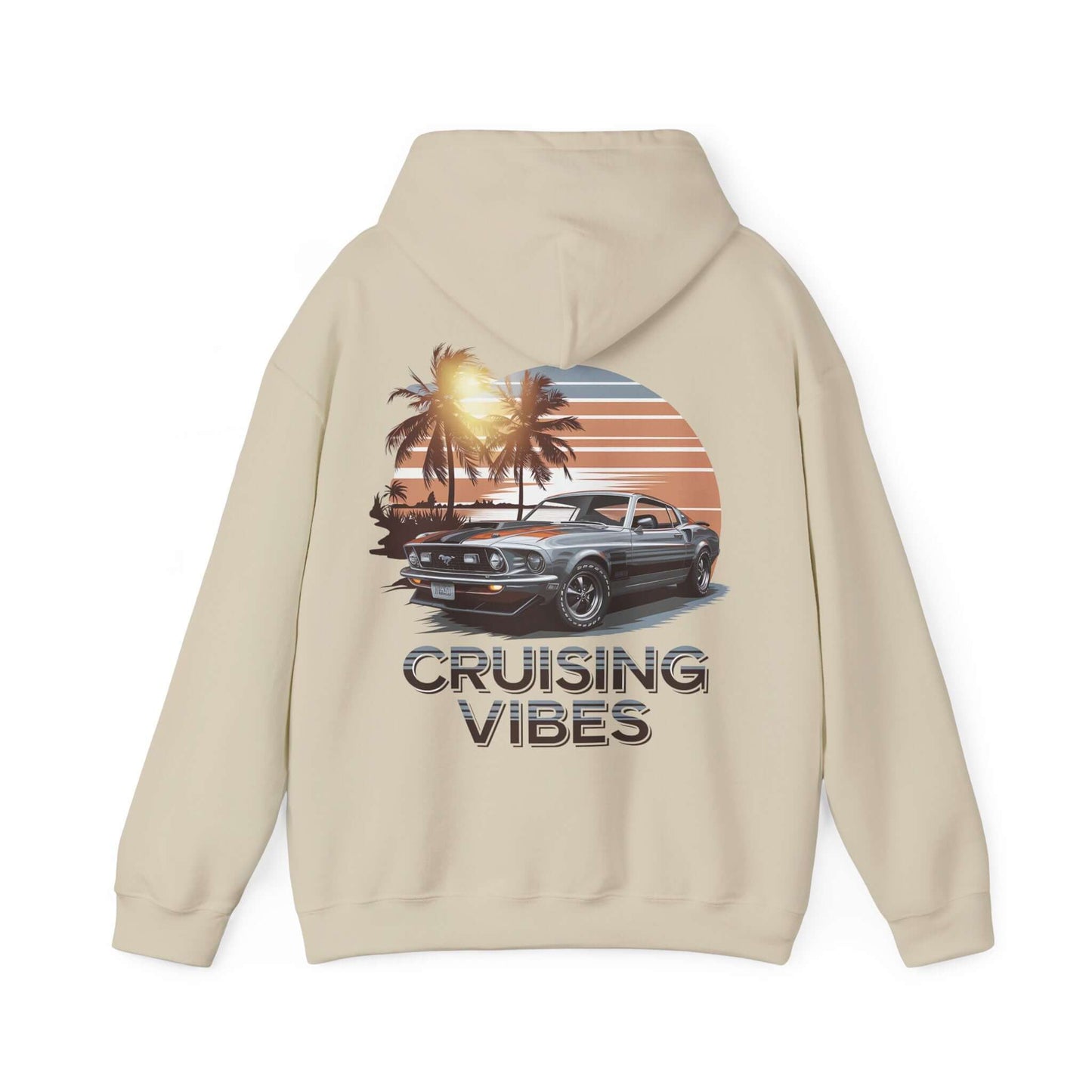 Cruising vibes hoodie with retro sunset design and American muscle car, perfect for car lovers and laid-back adventures.