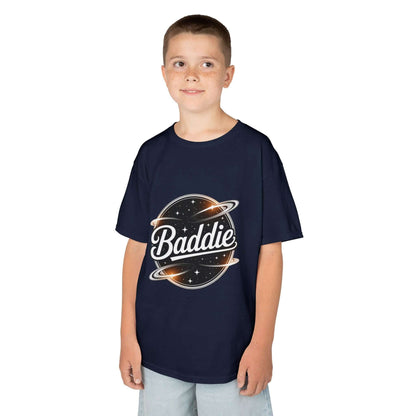 Child wearing a navy blue kids tee with retro 'Baddie' universe design, featuring planets and stylish text.