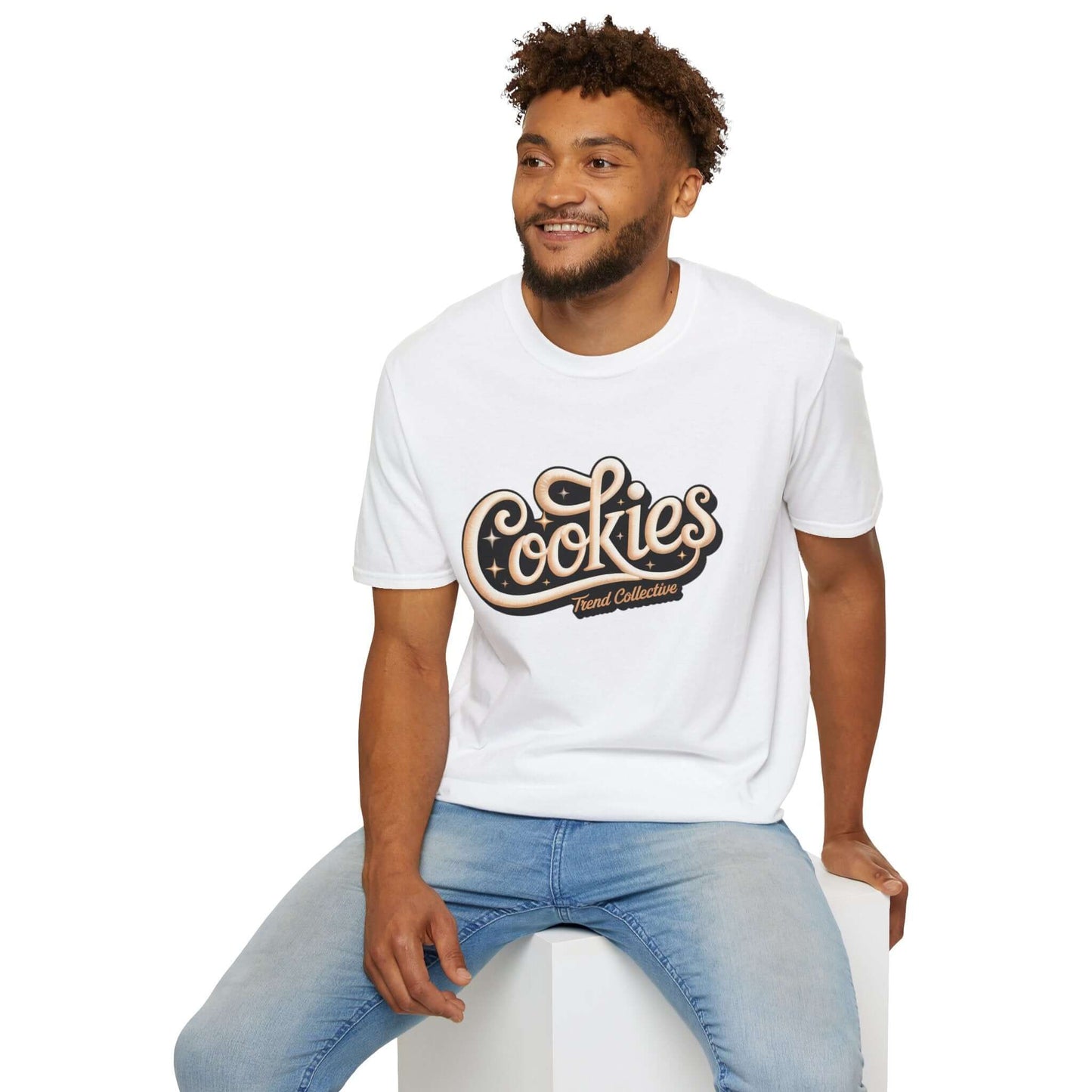 Trendy white 'Cookies Trend Collective' T-Shirt with stylish cursive writing, perfect for casual wear or fashion statements.