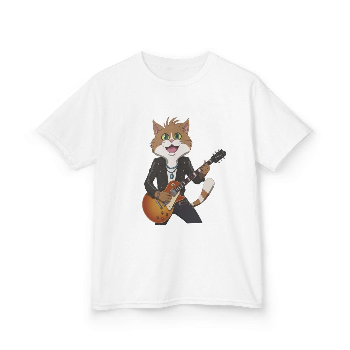 White Kid's Tee featuring a cute rock and roll cat playing guitar, perfect for music and cat lovers.
