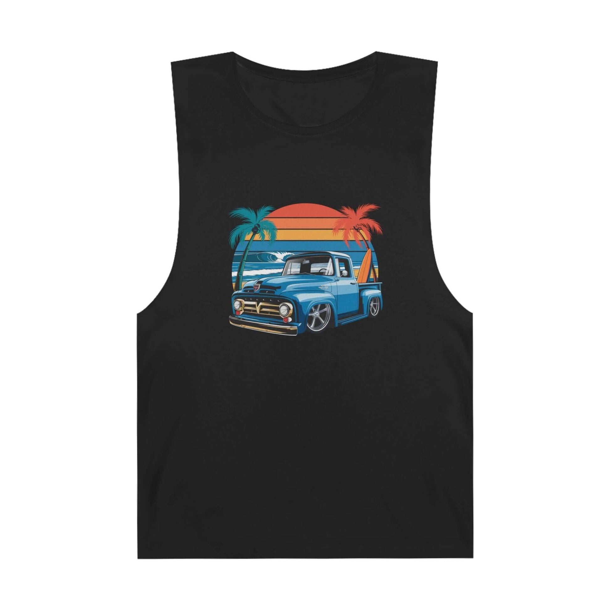Tank top with vintage pickup truck design, tropical sunset, perfect for car lovers and cruising vibes.