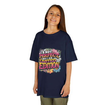 Kids tee with funny quote 'I'm not perfect but I am limited edition' and colorful floral design.