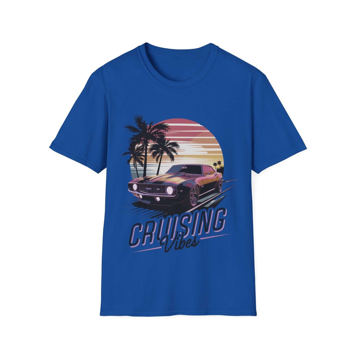 Vintage muscle car sunset T-shirt in blue featuring 'Cruising Vibes' text and palm trees for retro cruising style.