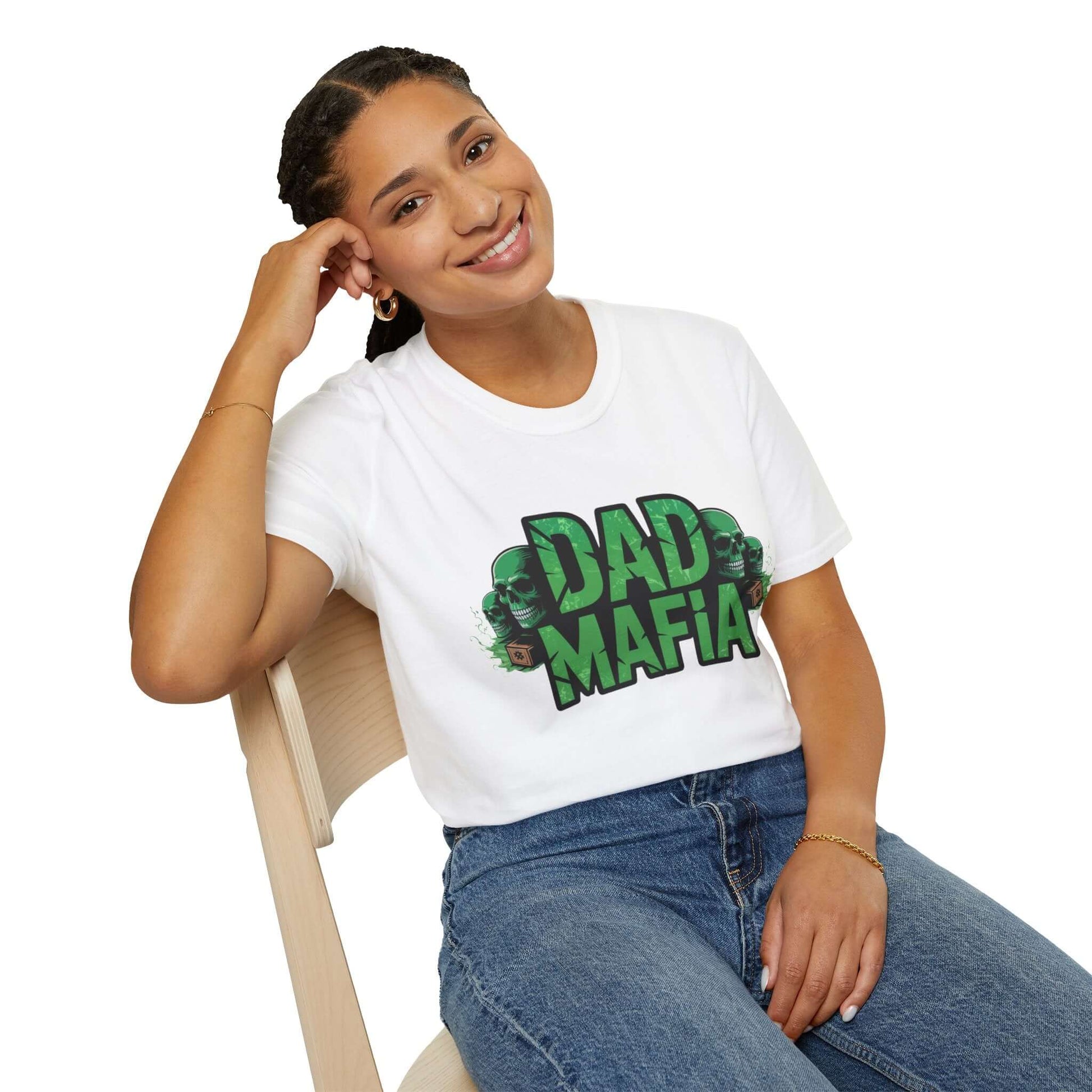 Model wearing a DAD MAFIA unisex T-shirt with green skulls and neon accents, showcasing a bold, edgy style.