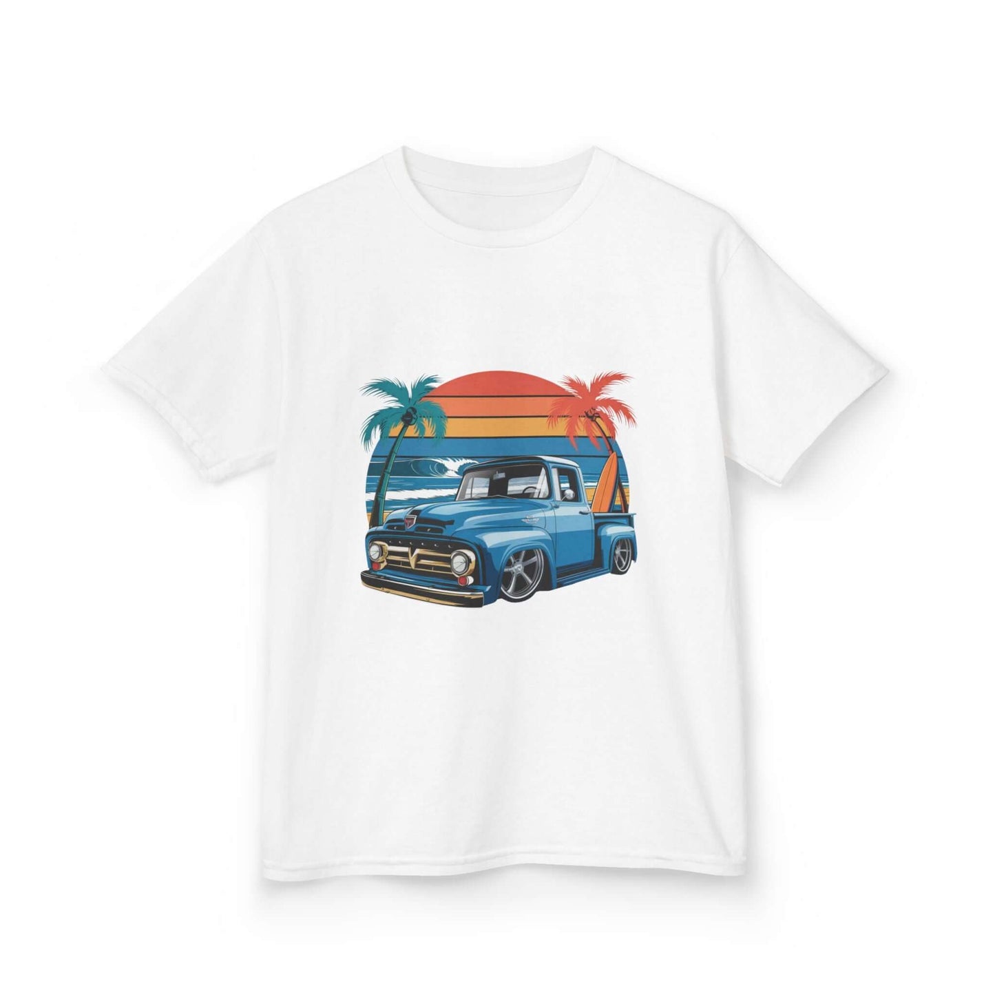 Kids retro T-shirt with vintage pickup truck design and sunset beach background, perfect for car lovers.