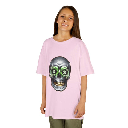Cool skull pale pink kid's T-shirt with money symbols and dollar bills in eye sockets, perfect for streetwear fashion.