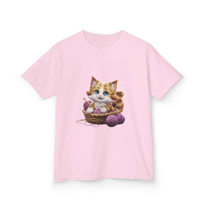 Pink Kid's Tee featuring a cute cat playing in a basket of wool, perfect for cat lovers and kid's fashion.