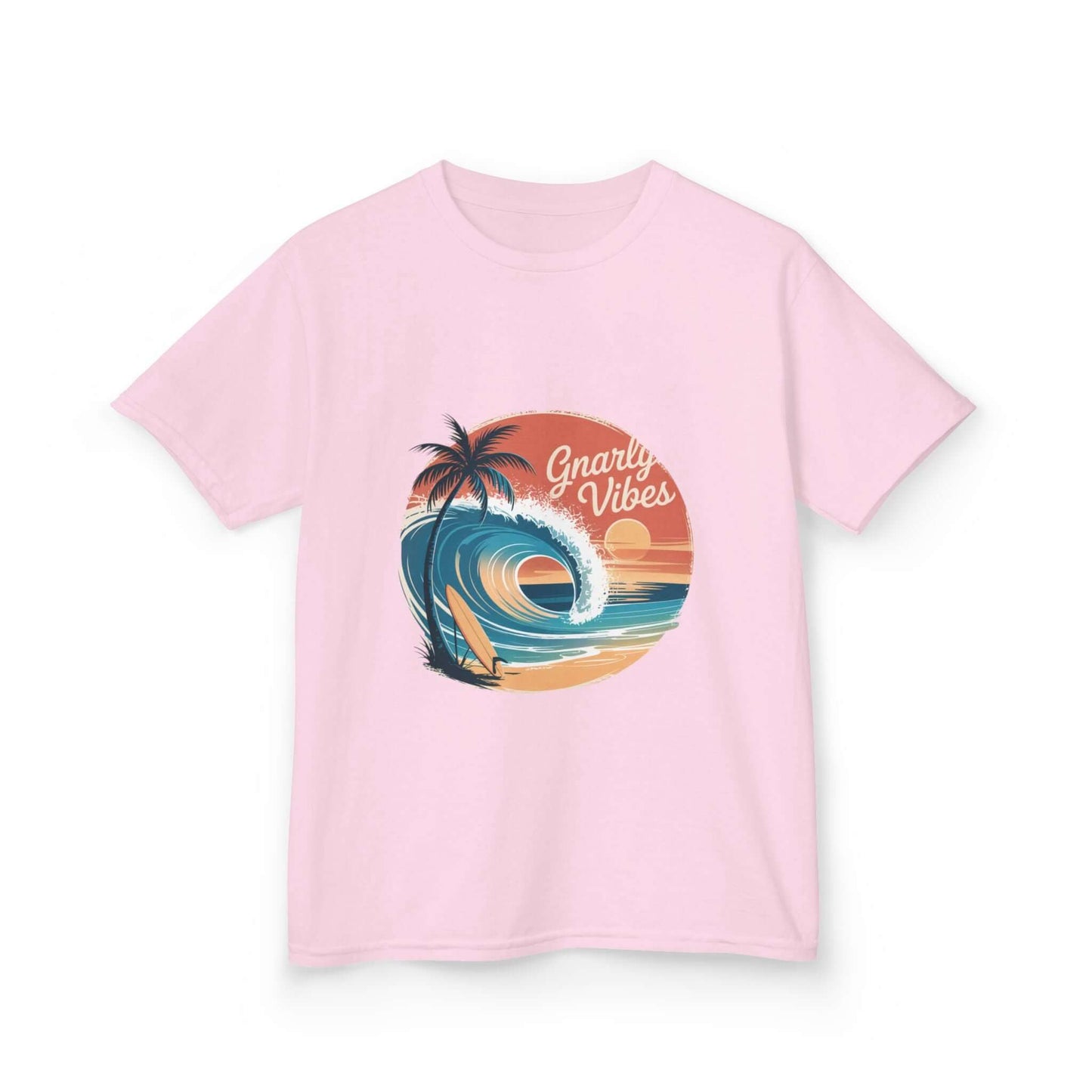 Kids tee with retro big wave surf design and 'Gnarly Vibes' text on pink fabric, evoking summer beach vibes.