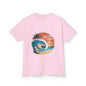 Kids tee with retro big wave surf design and 'Gnarly Vibes' text on pink fabric, evoking summer beach vibes.