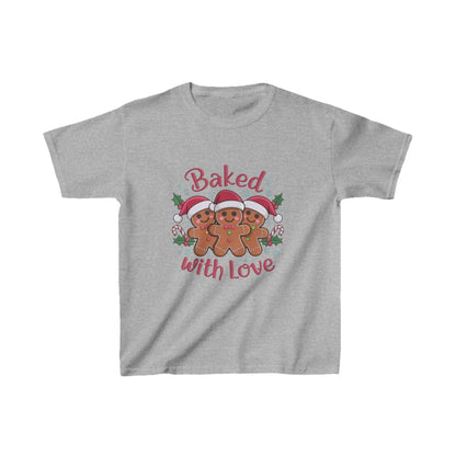 Kids T-shirt featuring gingerbread men in Santa hats with 'Baked with Love' typography for festive holiday fun.