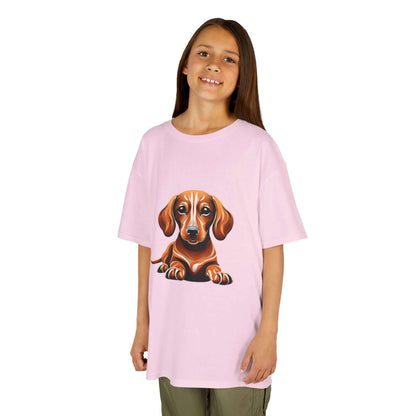 Tan Dachshund puppy - Sausage dog graphic on light pink Kid's T-shirt, perfect for dog lovers and children.