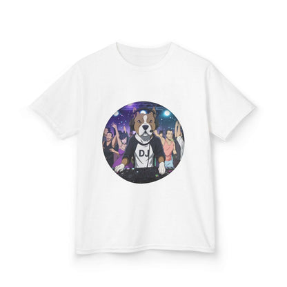 DJ Dog kids tee with a playful design featuring a dog DJ at a crowded dance party.