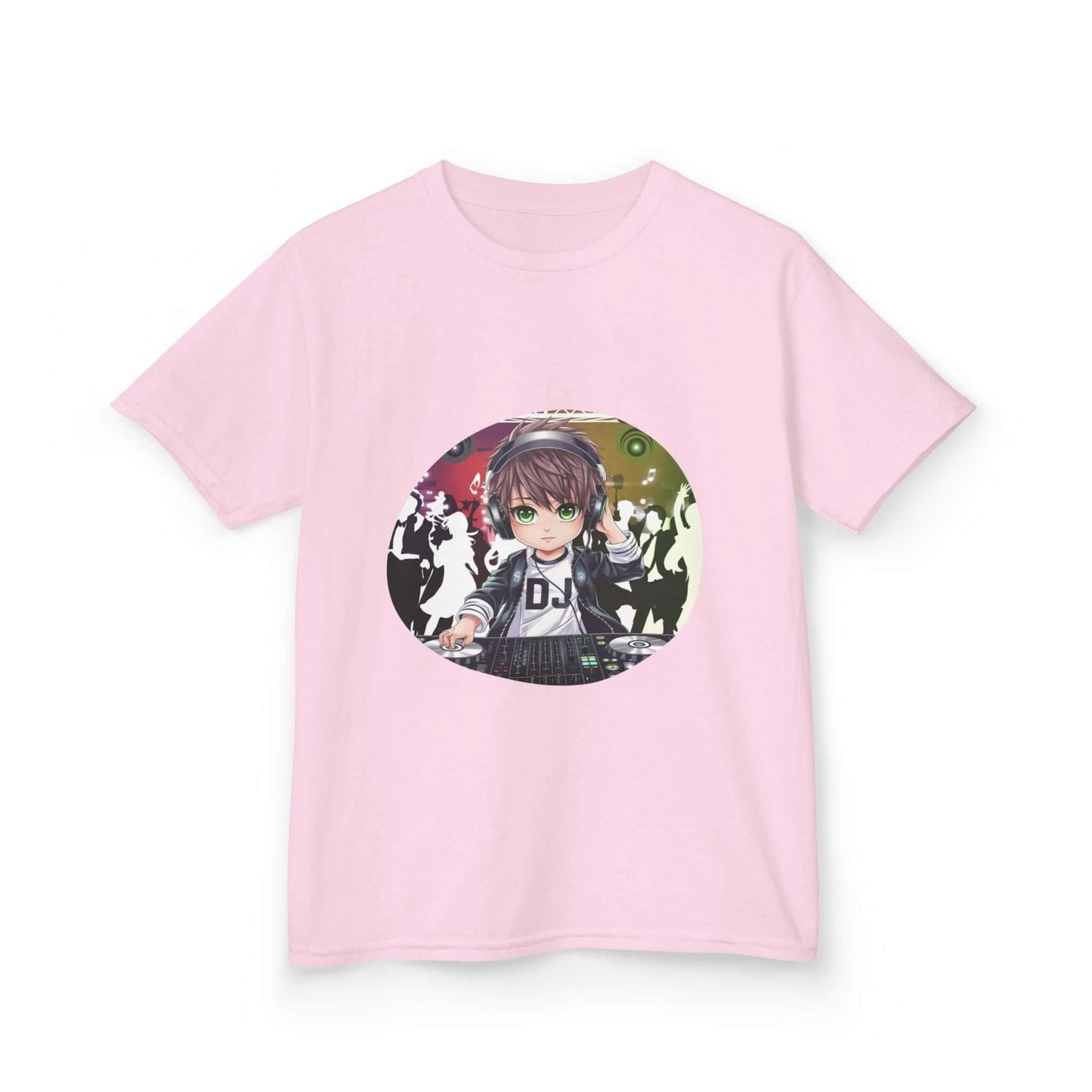 Kids T-Shirt featuring a DJ chibi boy playing decks at a colorful party for music lovers.