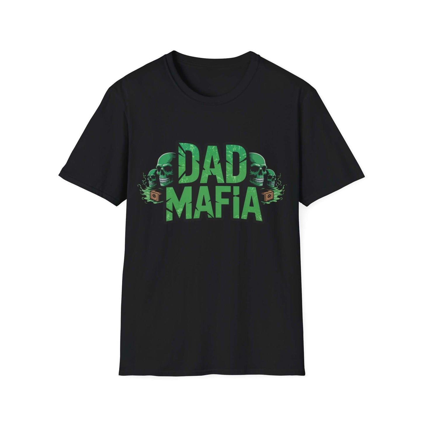 DAD MAFIA unisex T-shirt in black with neon green lettering and stylized skulls for bold statement style.