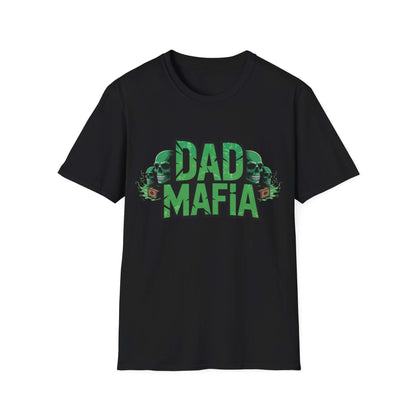 DAD MAFIA unisex T-shirt in black with neon green lettering and stylized skulls for bold statement style.