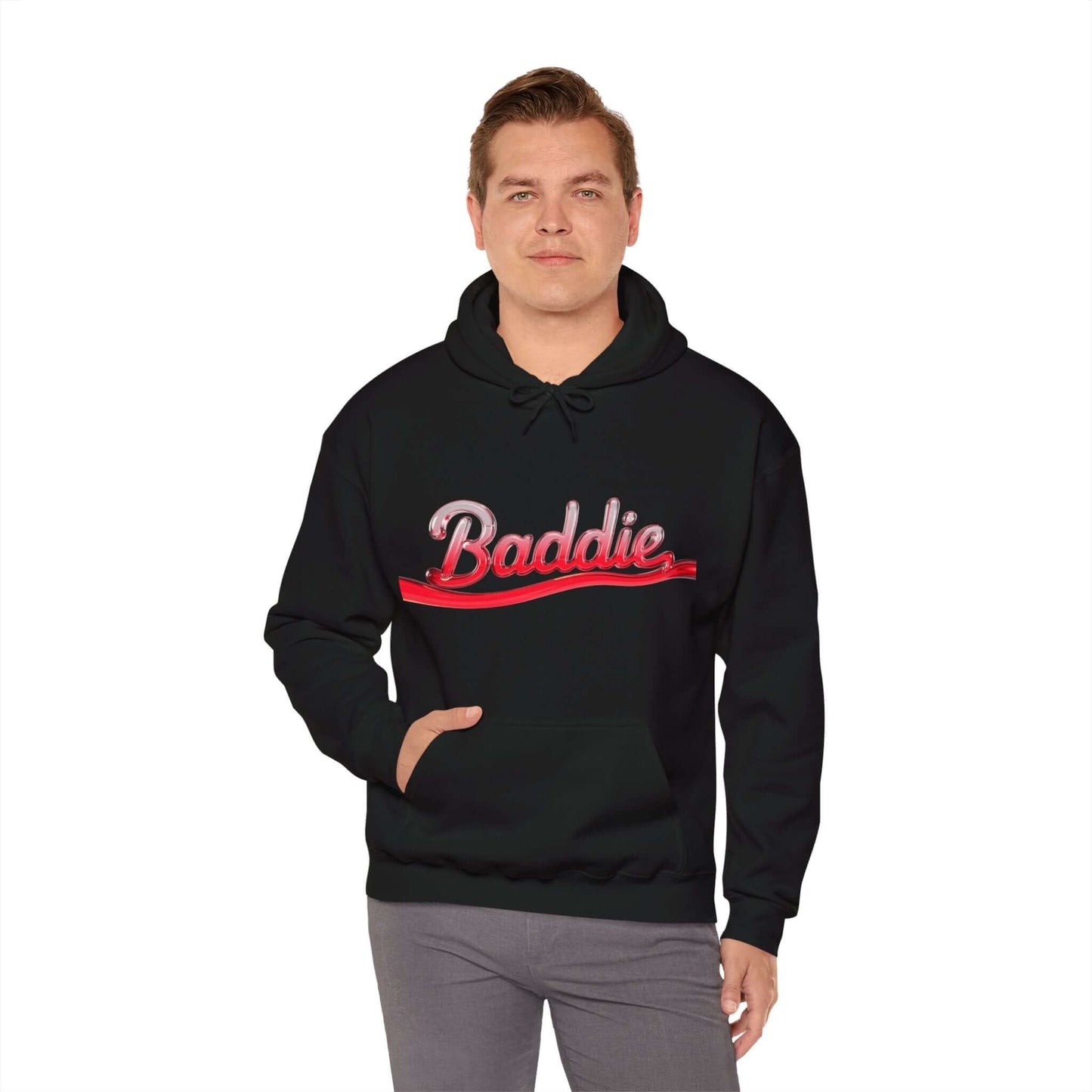 Black hoodie featuring typography design 'Baddie' in red liquid-like text, perfect for trendy streetwear enthusiasts.