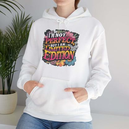 Colorful floral hoodie featuring quote 'I'm not perfect, but I am limited edition', perfect for casual and stylish wear.