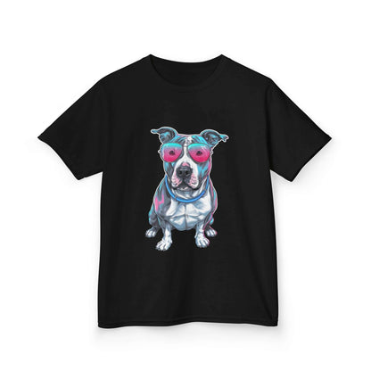 Kids T-shirt - featuring a retro synth wave Pit Bull design with pink sunglasses, perfect Tee for dog lovers.