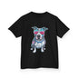 Kids T-shirt - featuring a retro synth wave Pit Bull design with pink sunglasses, perfect Tee for dog lovers.