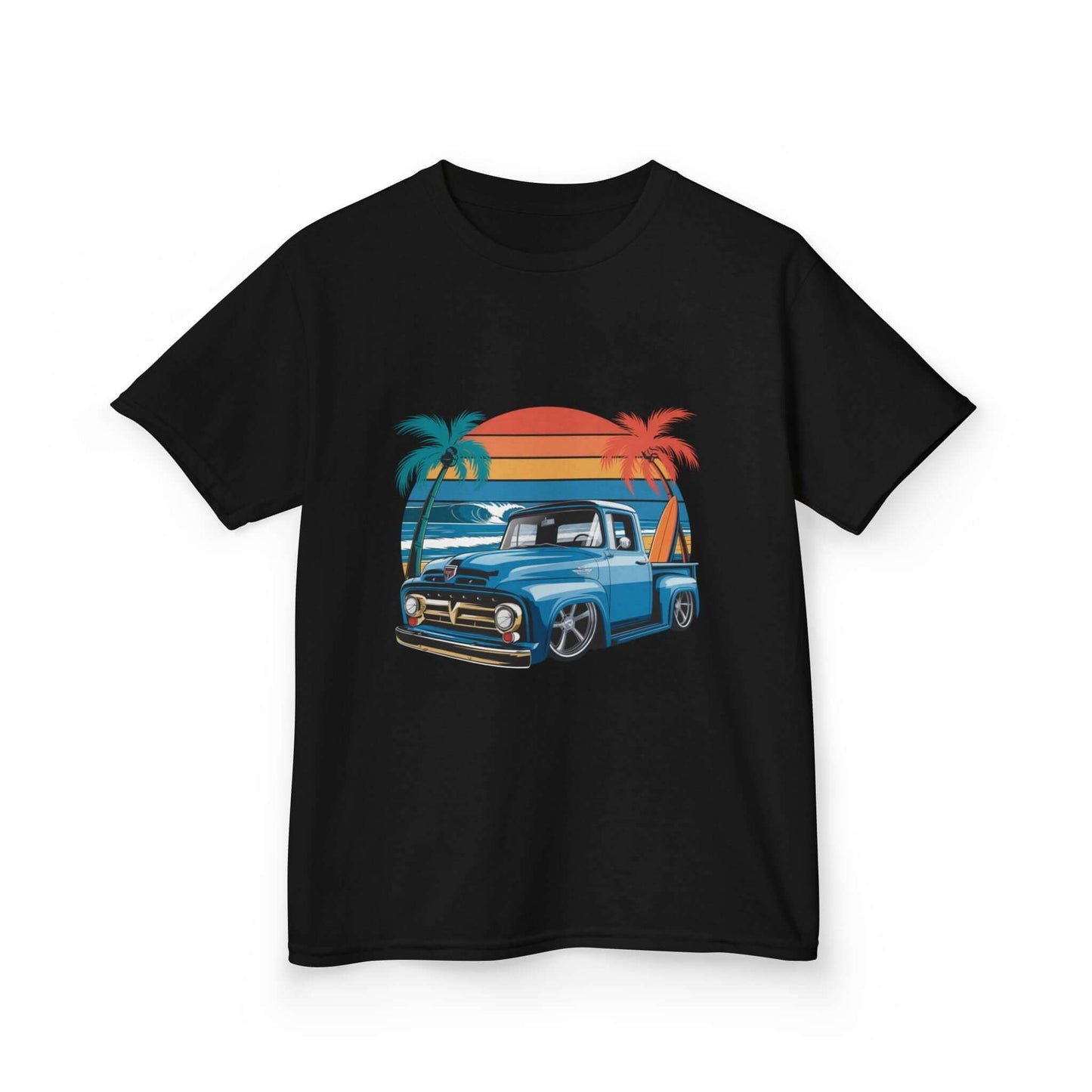 Kids retro T-shirt with vintage pickup truck design, tropical sunset, perfect for car lovers and cruising vibes.