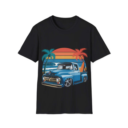T-shirt with vintage pickup truck design, tropical sunset, perfect for car lovers and cruising vibes.
