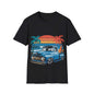 T-shirt with vintage pickup truck design, tropical sunset, perfect for car lovers and cruising vibes.