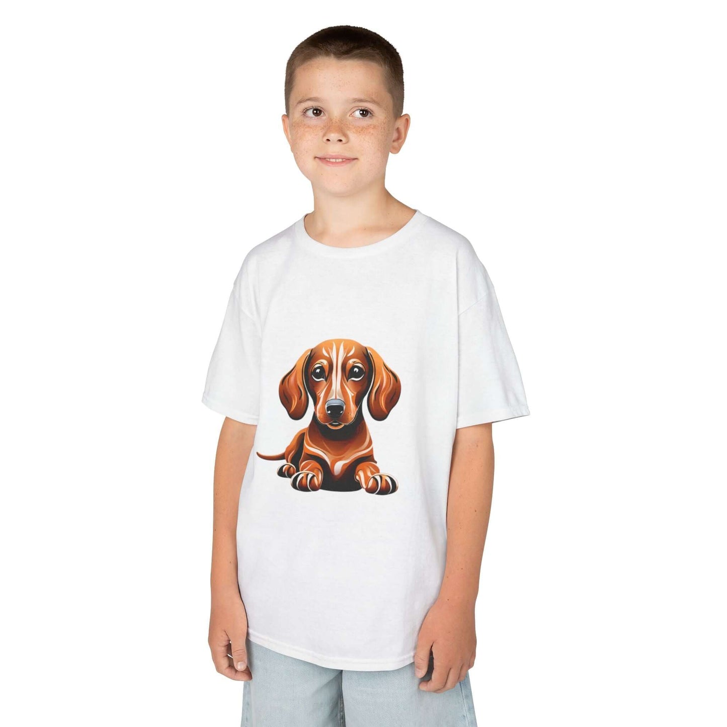 Cute tan Dachshund puppy - Sausage dog graphic on a white Kid's T-shirt for dog lovers and animal lovers.