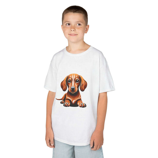 Cute tan Dachshund puppy - Sausage dog graphic on a white Kid's T-shirt for dog lovers and animal lovers.