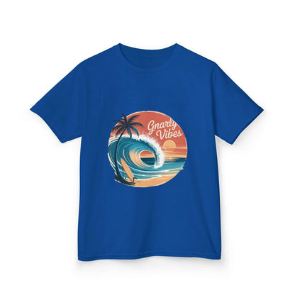 Kids blue tee with retro 'Gnarly Vibes' surf design featuring a wave and sunset beach theme.