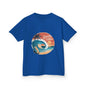 Kids blue tee with retro 'Gnarly Vibes' surf design featuring a wave and sunset beach theme.