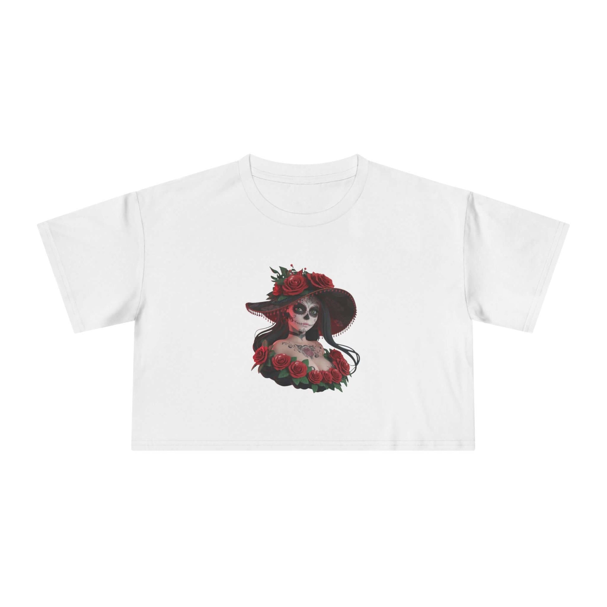 Chibi woman with sugar skull makeup and roses on a white crop top, perfect for Halloween and Day of the Dead festivities.