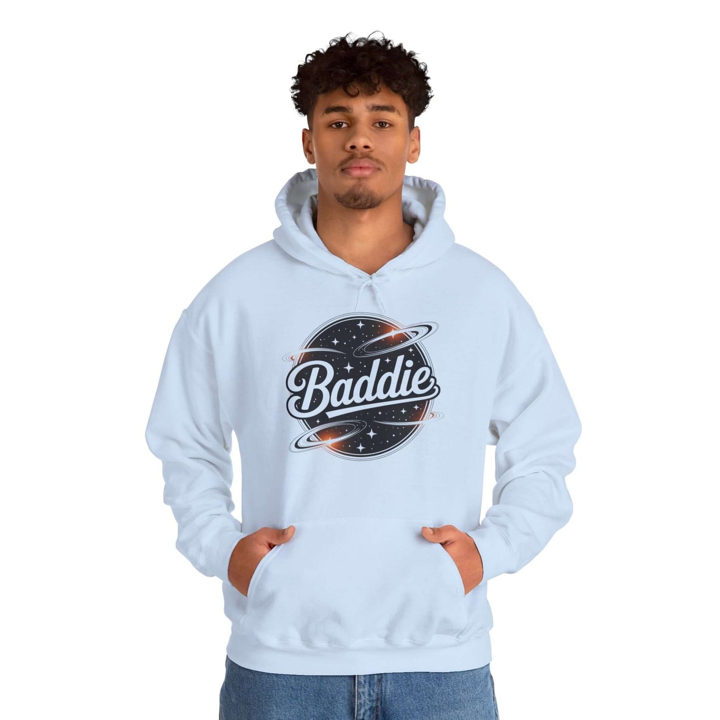 Hooded jumper featuring 'Baddie' universe design, retro style, perfect for trendy casual wear.