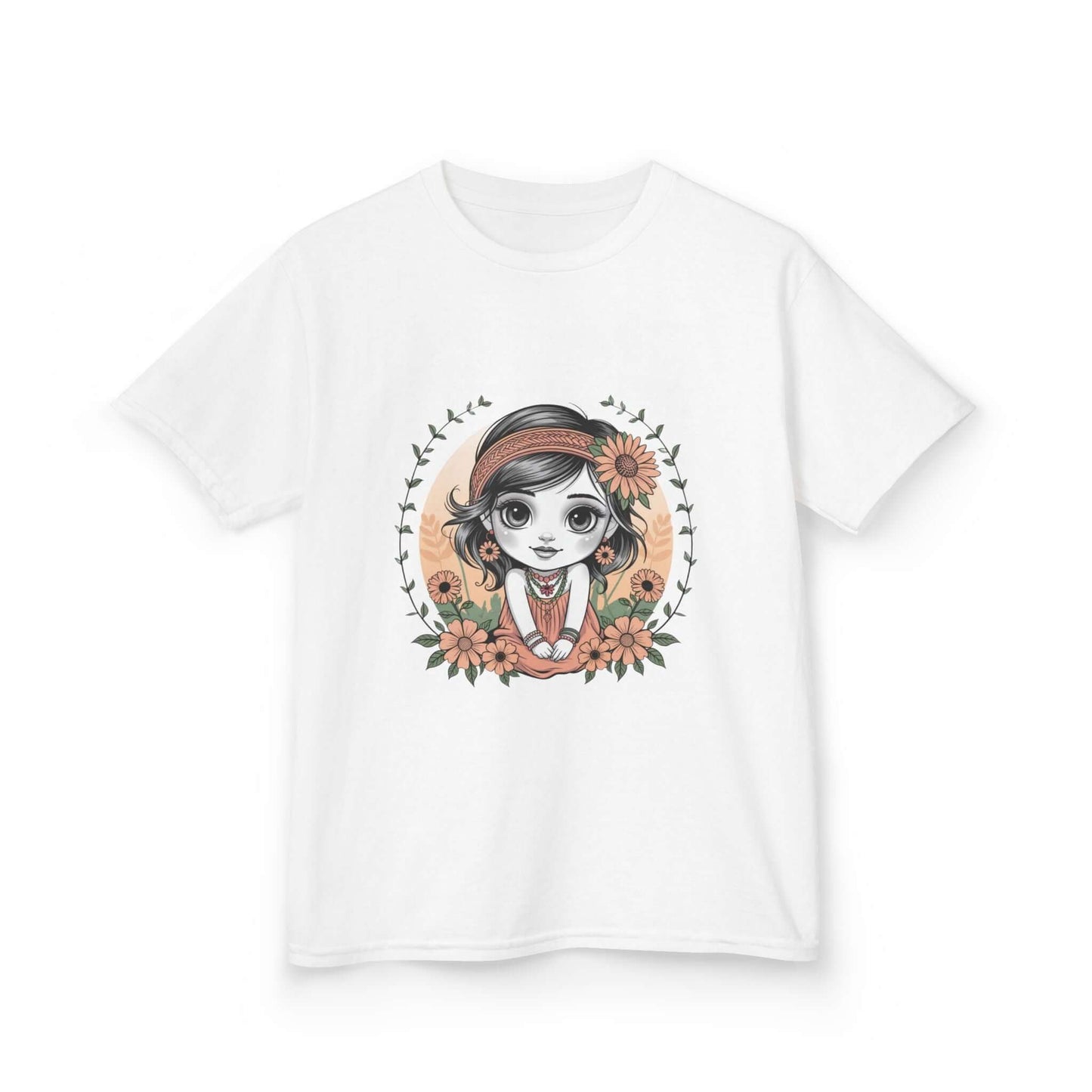 Cute chibi girl surrounded by flowers on a white kids tee, perfect for young girls who love whimsical designs.