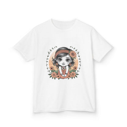 Cute chibi girl surrounded by flowers on a white kids tee, perfect for young girls who love whimsical designs.