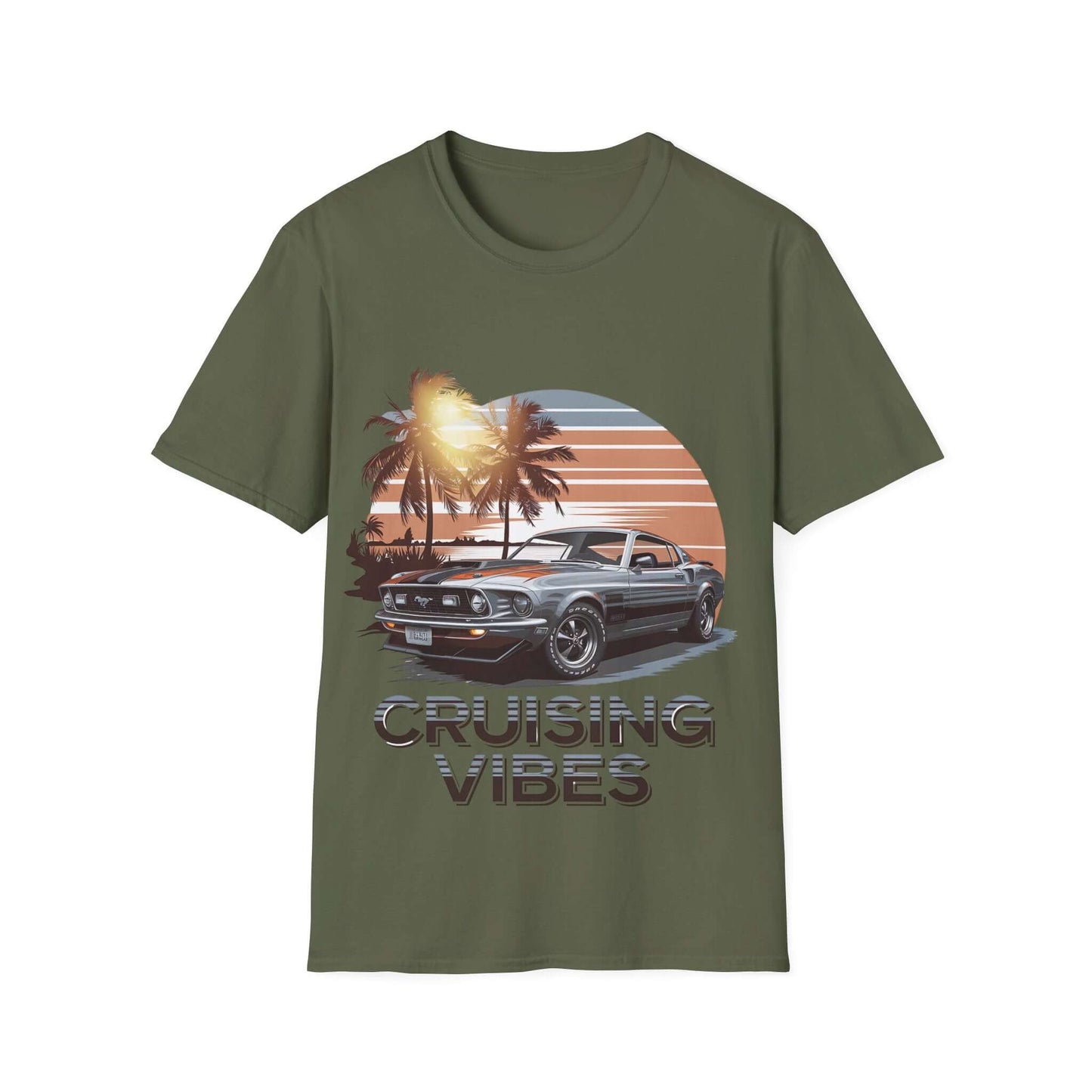 Cruising vibes t-shirt with retro sunset design and American muscle car, perfect for car lovers and laid-back adventures.