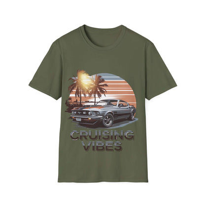 Cruising vibes t-shirt with retro sunset design and American muscle car, perfect for car lovers and laid-back adventures.