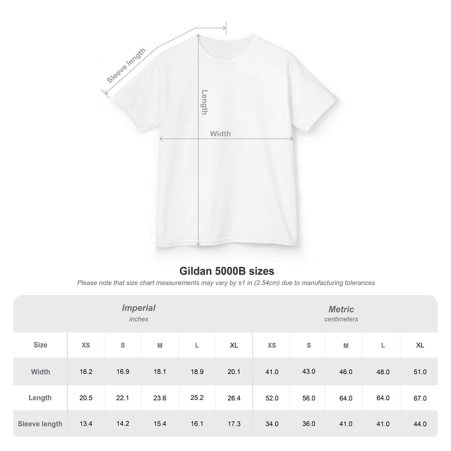 Size chart for Gildan 5000B kids tee, showing measurements in inches and centimeters for fitting guidance.