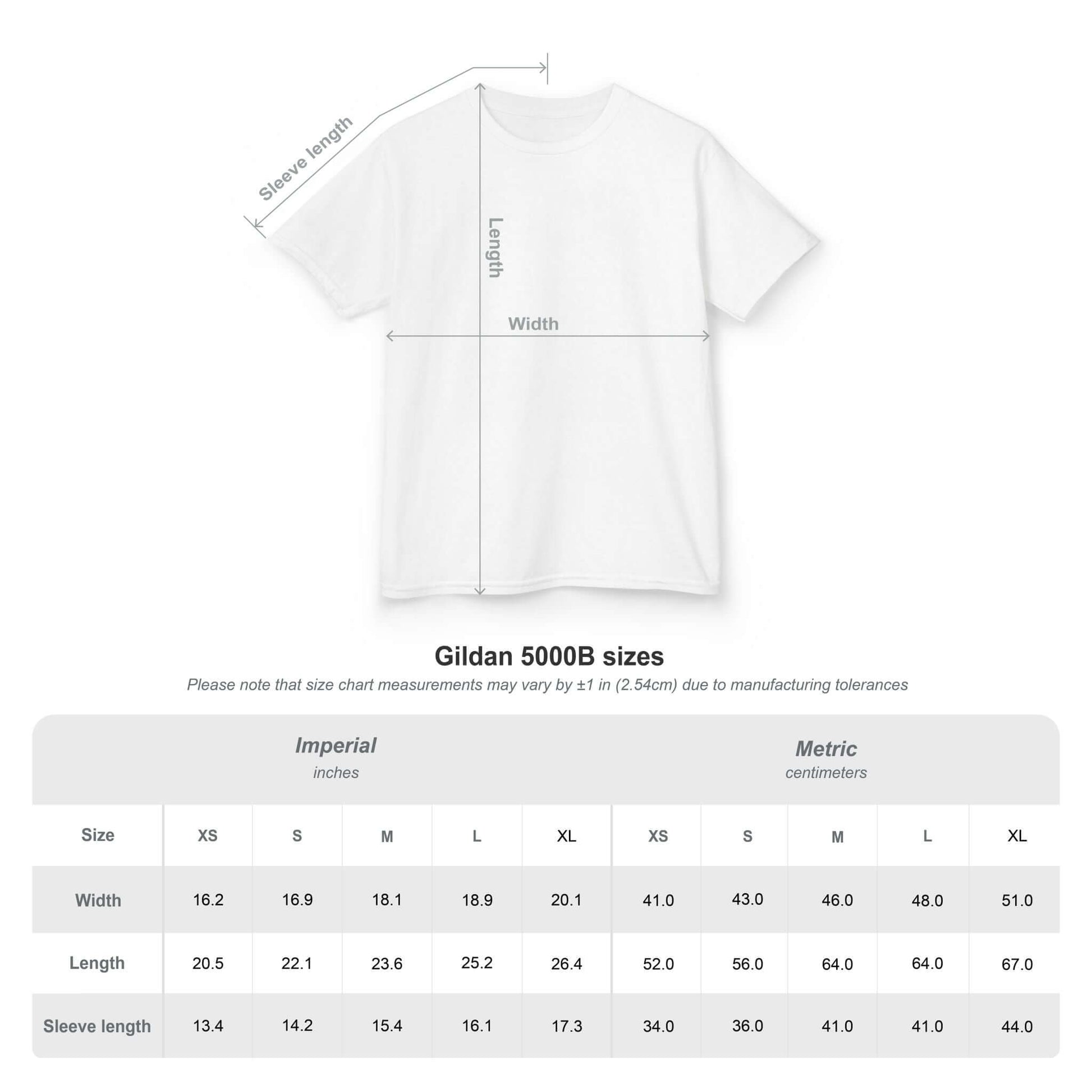 Size chart for Gildan 5000B kids tee, showing measurements in inches and centimeters for fitting guidance.