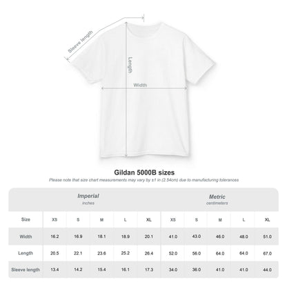 Size chart for Gildan 5000B kids tee, showing measurements in inches and centimeters for fitting guidance.