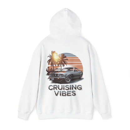 Cruising Vibes Hoodie featuring retro sunset beach design and American muscle car, perfect for car lovers.
