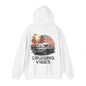 Cruising Vibes Hoodie featuring retro sunset beach design and American muscle car, perfect for car lovers.