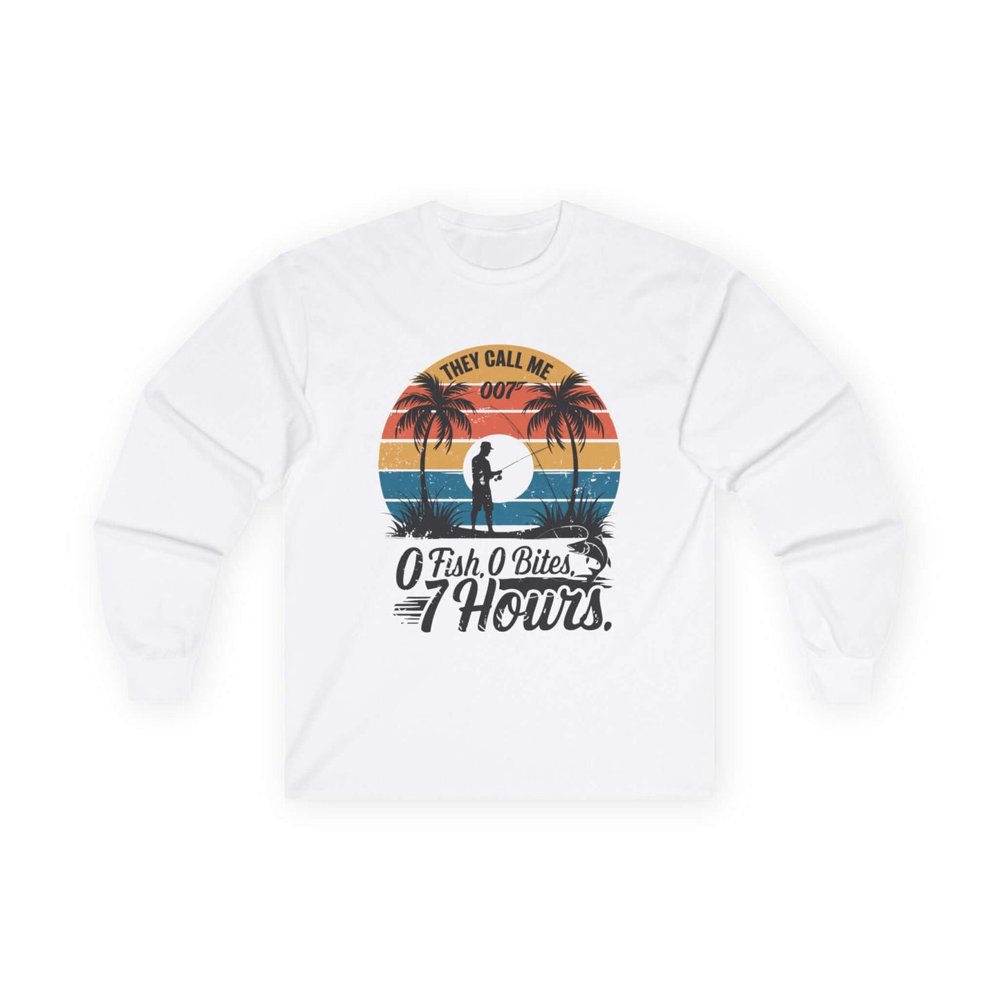 Retro funny fishing quote long sleeve shirt with palm trees and text 'They call me 007 0 Fish 0 Bites 7 Hours' for fishing enthusiasts.